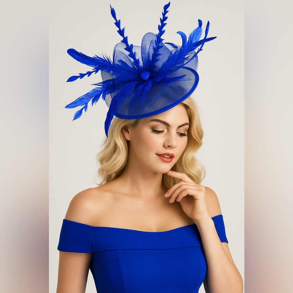 Kentucky Derby Hat Fascinator UK Royal Blue Feathers Organza Showstopper Ascot